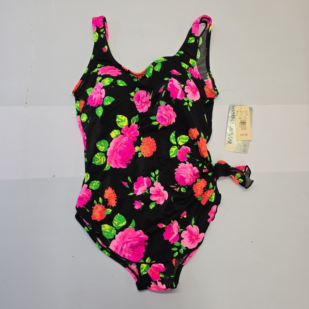 Marina‎ Del Mar Vintage 90s Floral One Piece Swimsuit Black Pink Neon Size 9/10